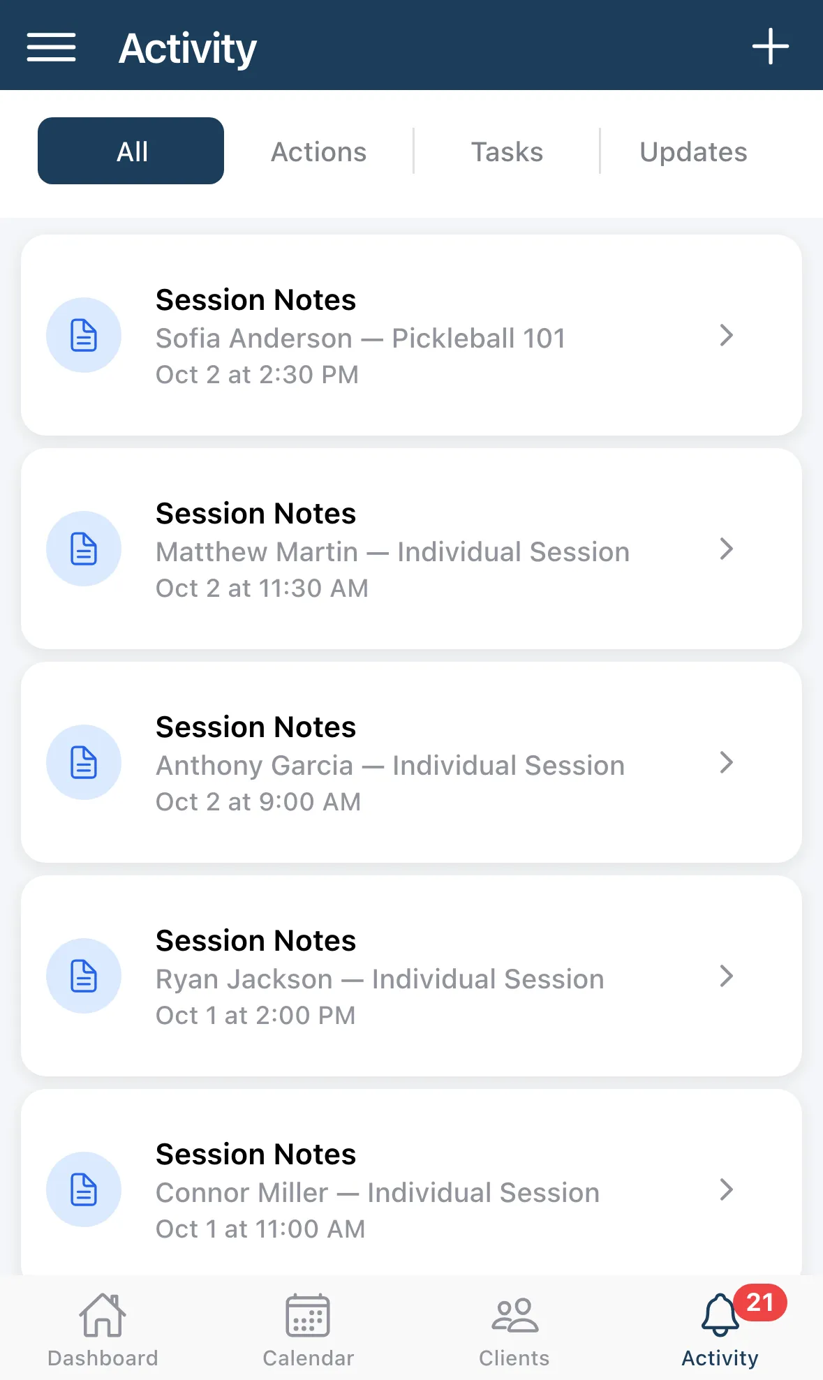 The Activity tab with filters and Session Notes reminders
