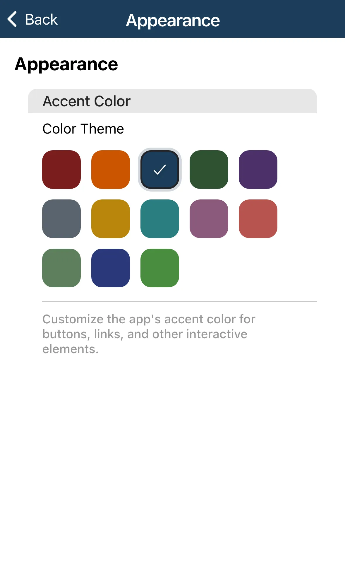 The Appearance screen with a grid of accent colors