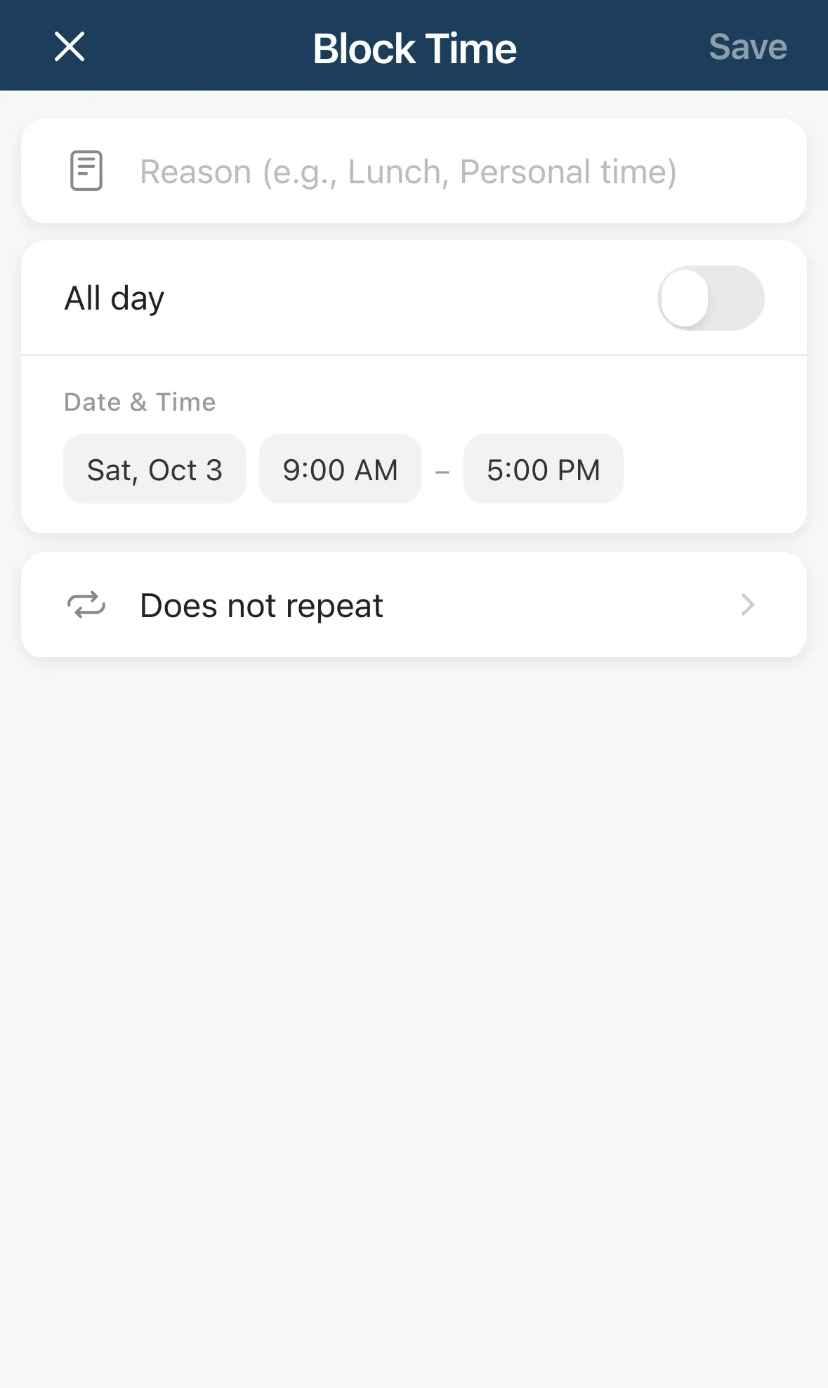 The Block Time form with a reason, an All day switch, date and time, and Does not repeat