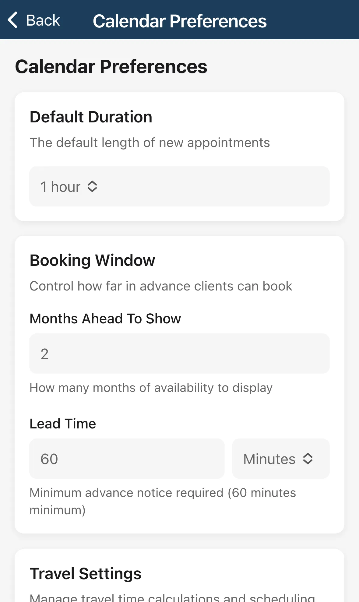 Calendar Preferences with Default Duration and Booking Window