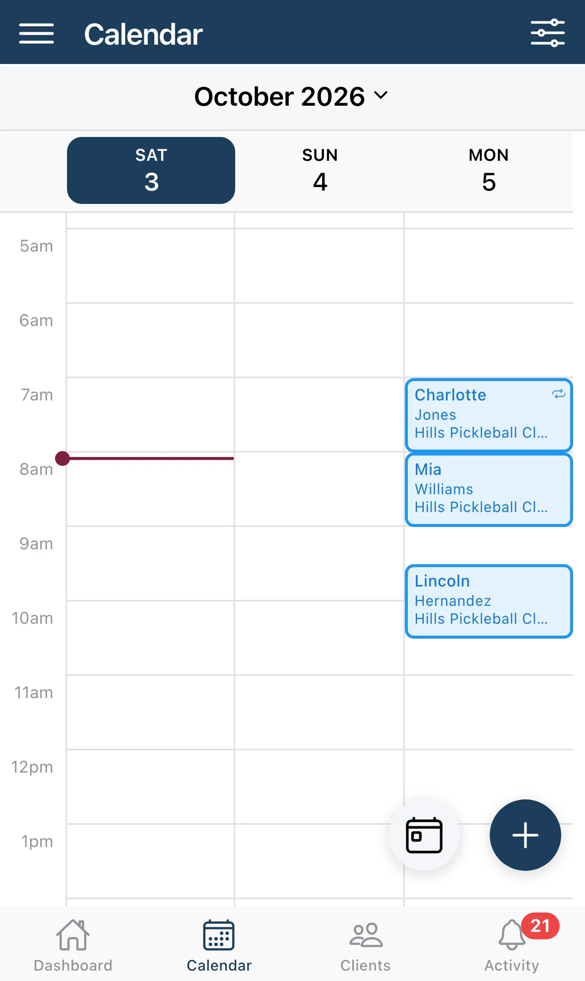 The Calendar tab with the plus button at the bottom right