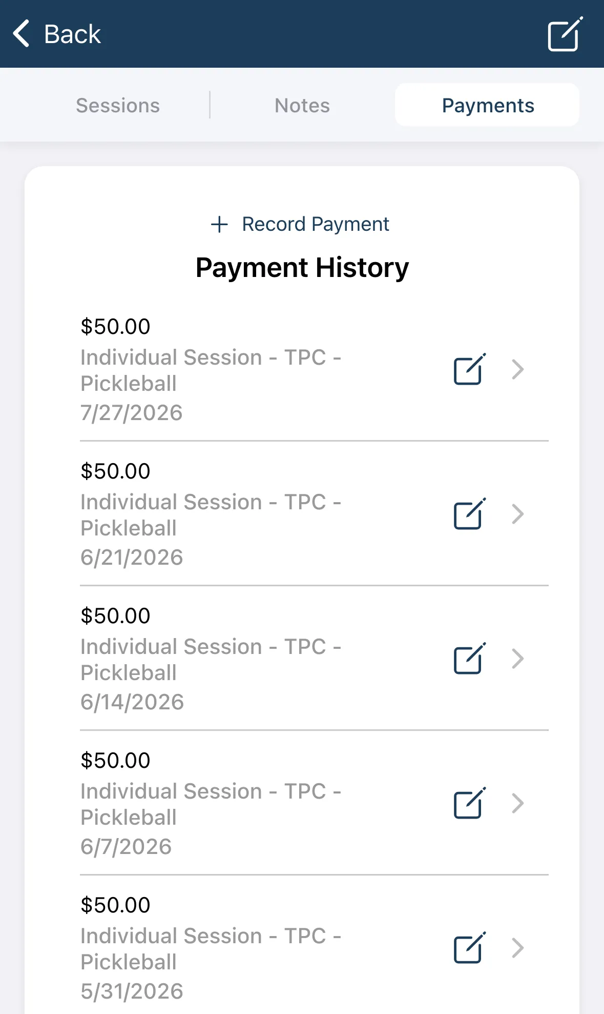 The Payments tab showing Payment History
