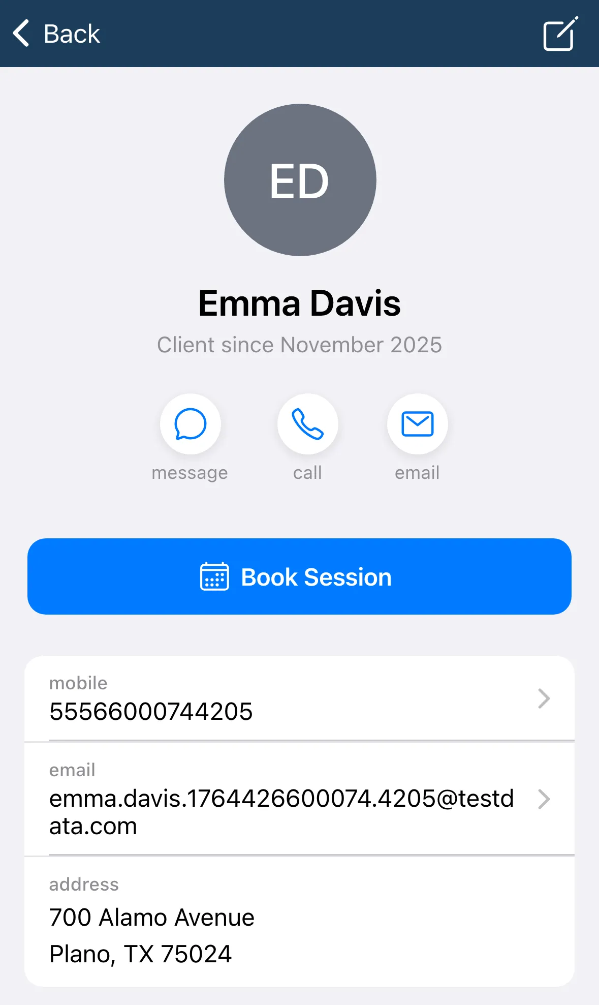 A client’s page with their name, quick actions and contact details