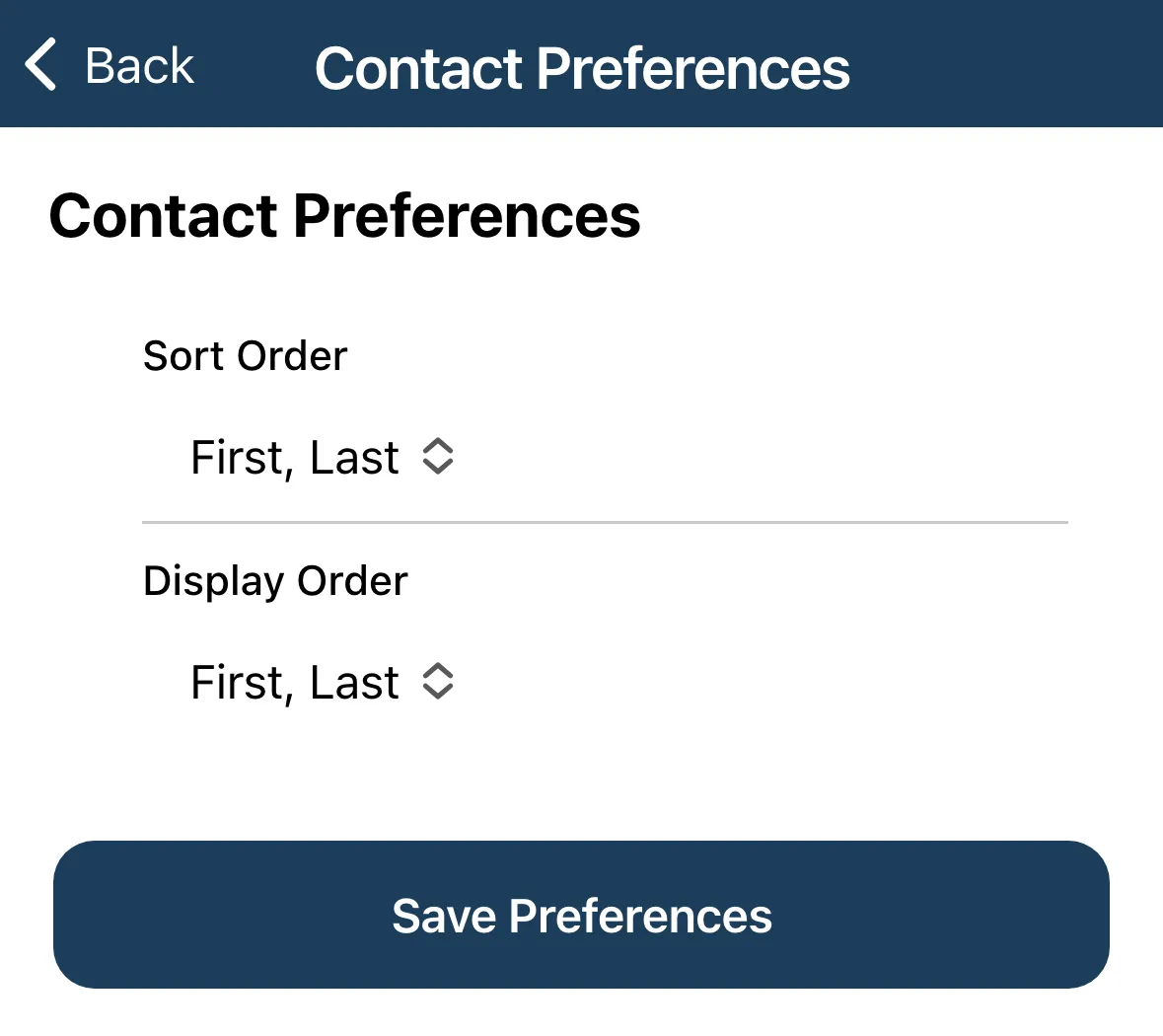 The Contact Preferences screen with Sort Order and Display Order