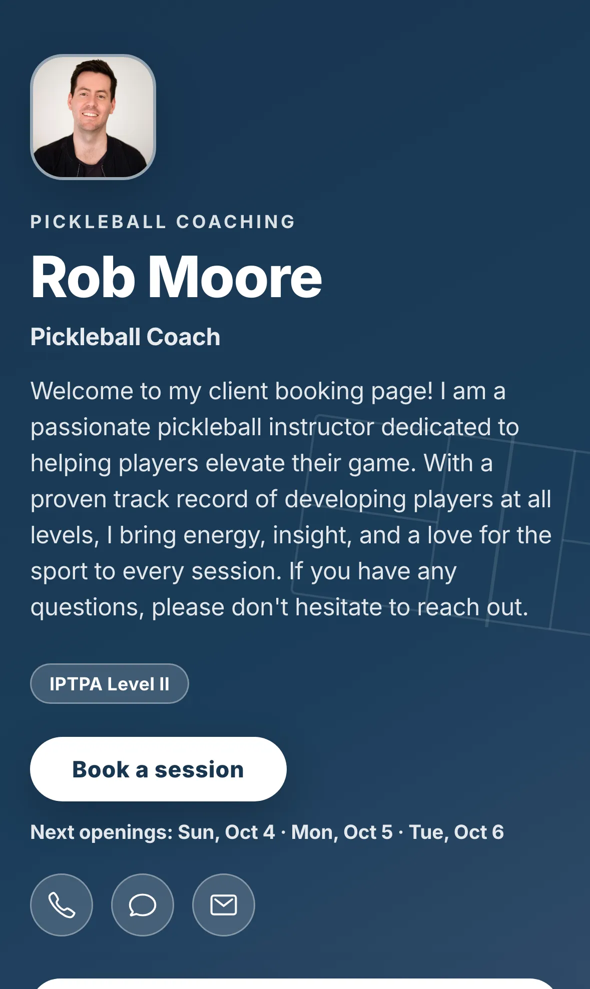 A coach’s public booking page with a Book a session button