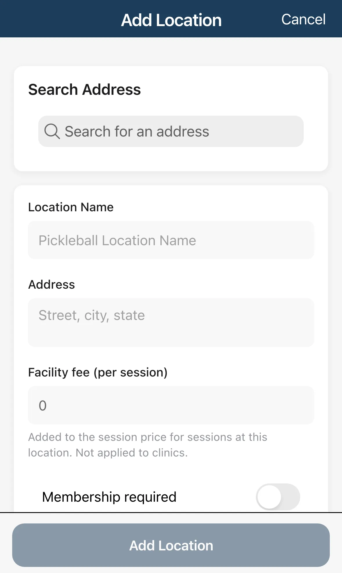 The Add Location form