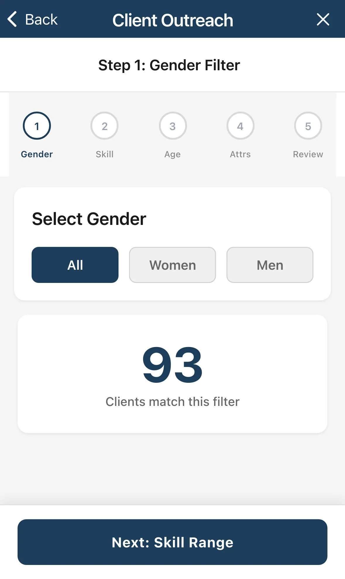 Step 1 of the wizard, Select Gender