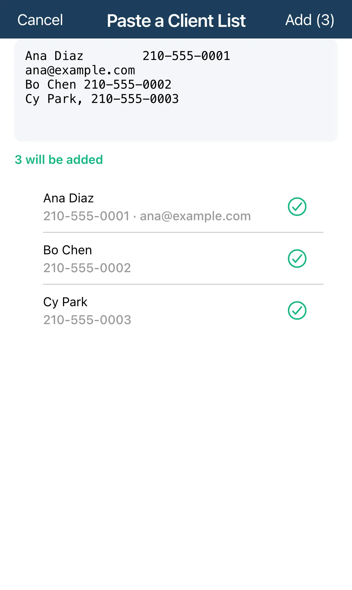 Paste a Client List showing three rows ready to be added