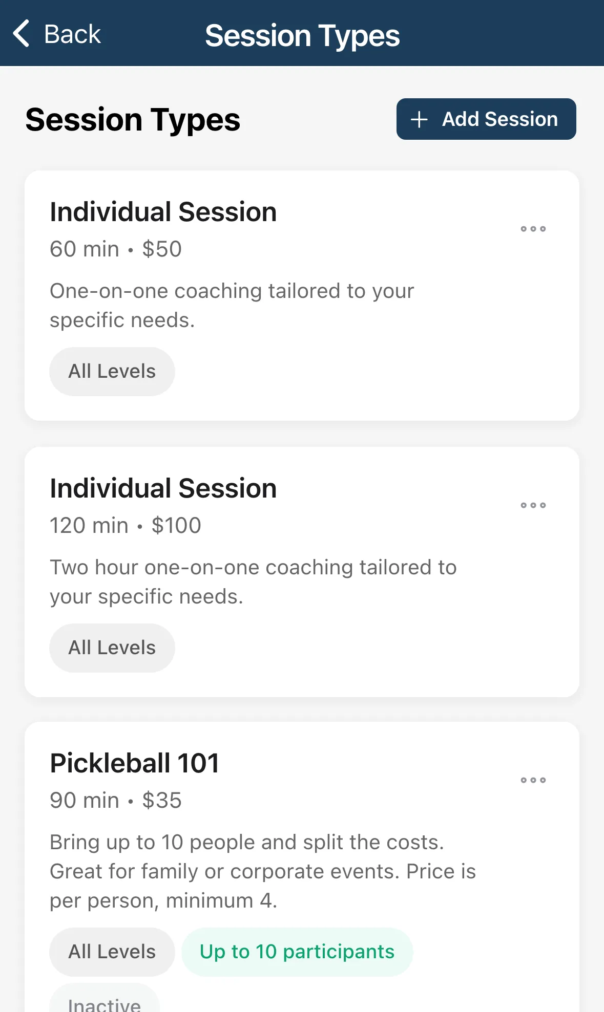 The Session Types list