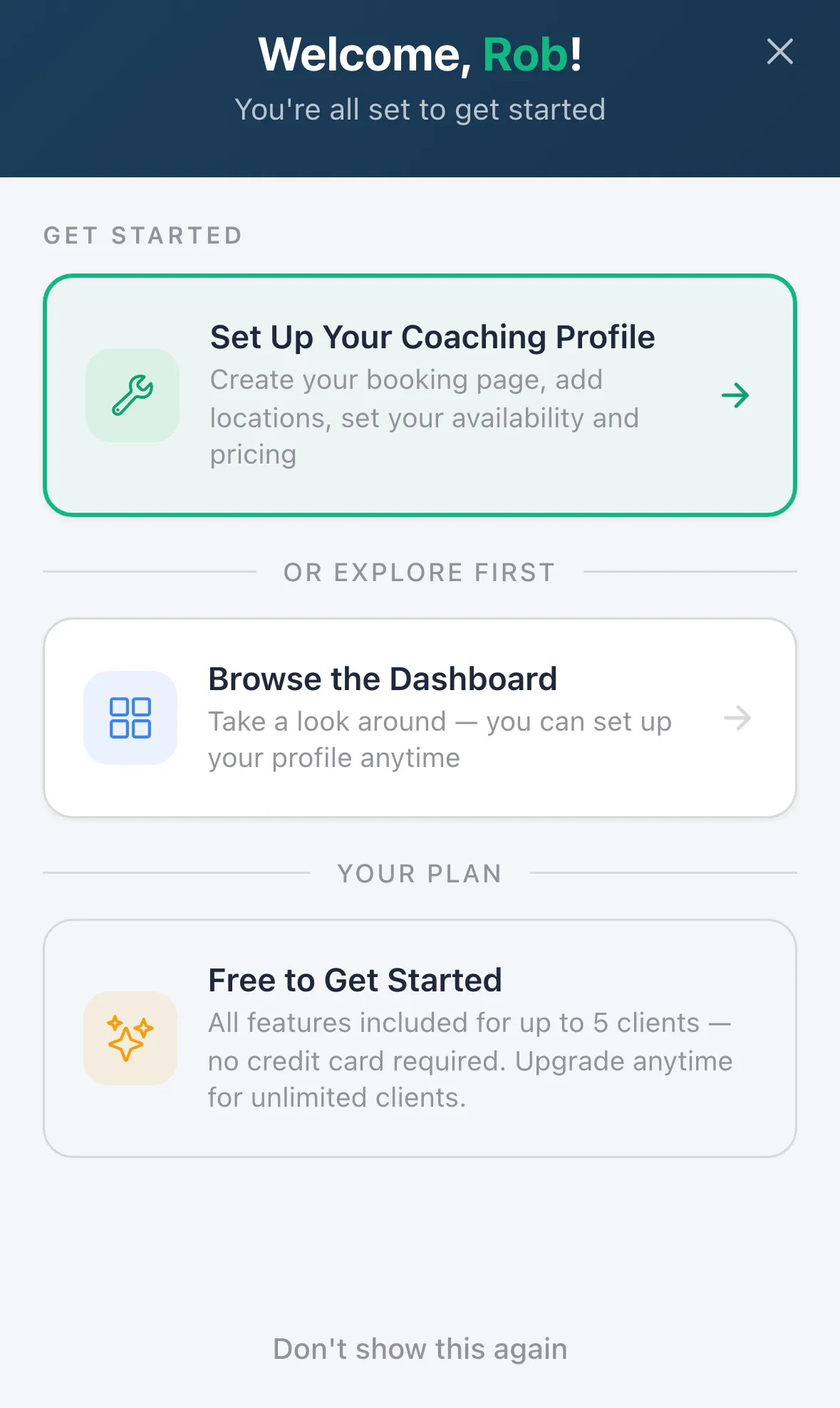 The welcome screen with Set Up Your Coaching Profile at the top