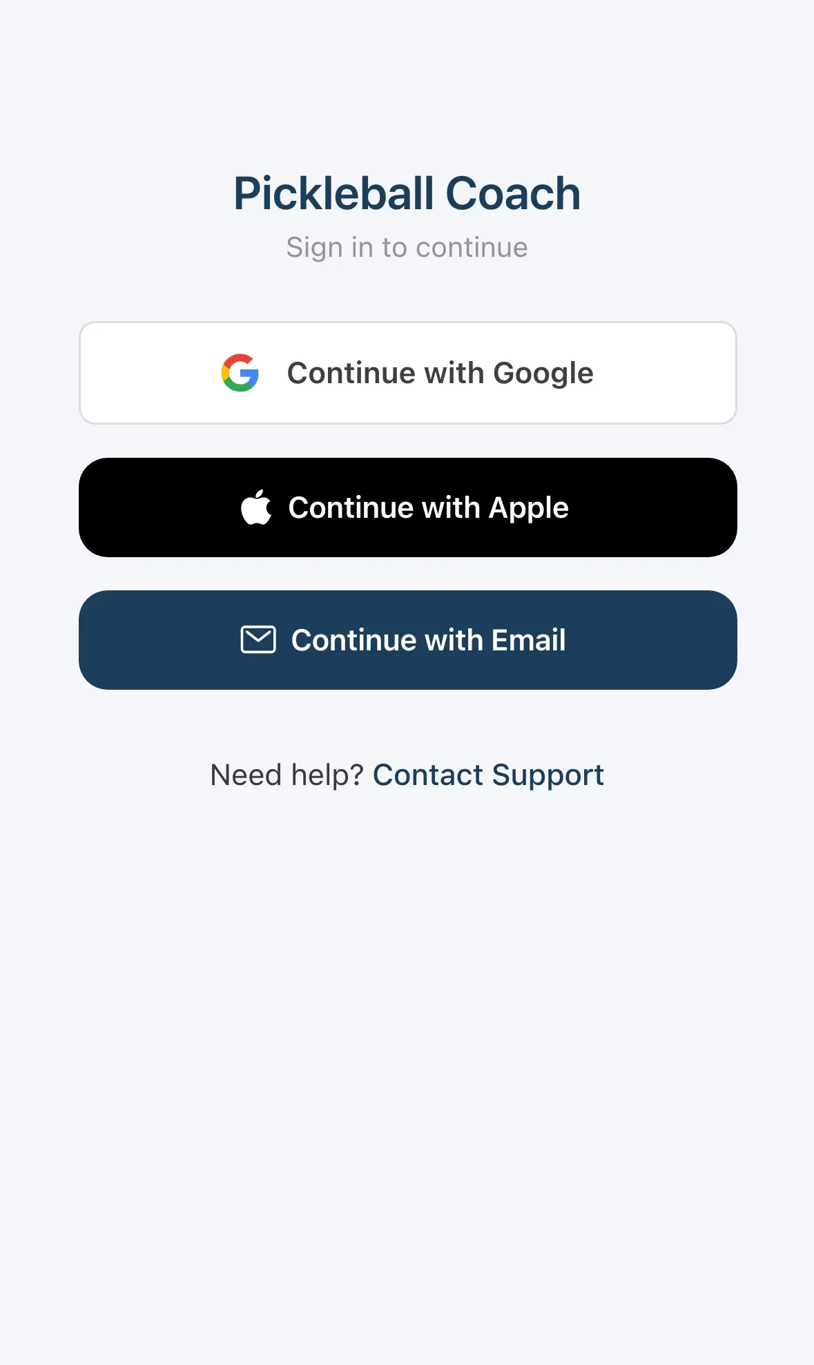 The Pickleball Coach sign-in screen with Google, Apple and email buttons
