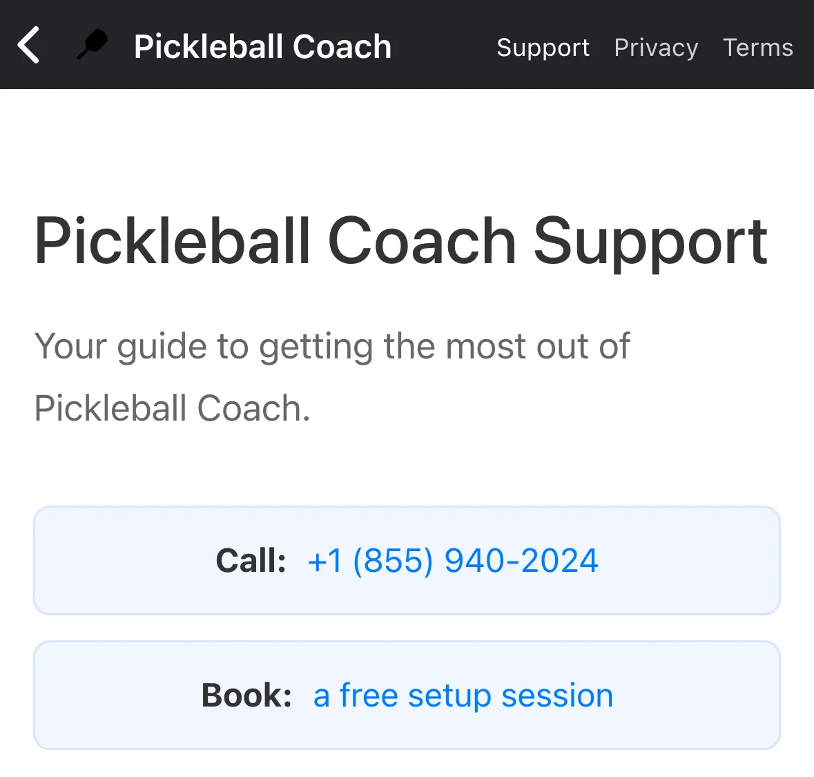 The Pickleball Coach Support page with Call and Book buttons